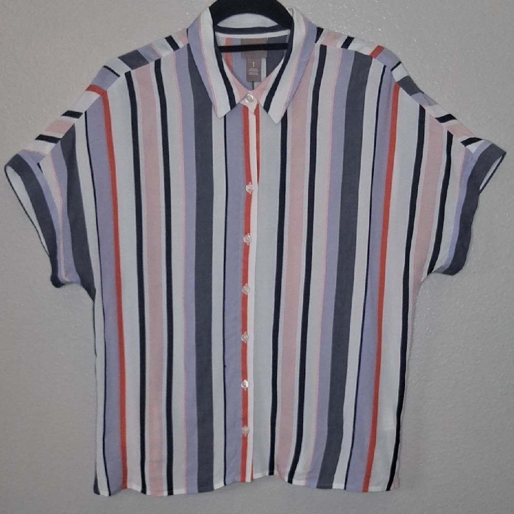 Chico's Shirt Womens Striped Short Sleeve Rayon Lightweight Top Multicolor Sz Co